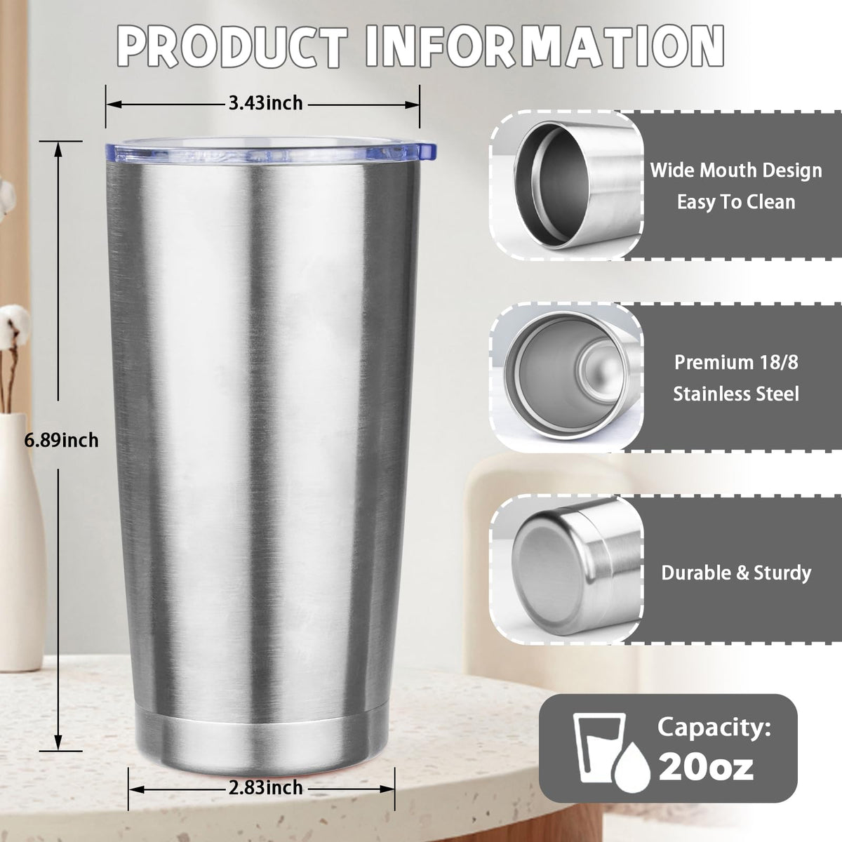 20 oz Stainless Steel Insulated Tumbler with Lids and Straws W899090