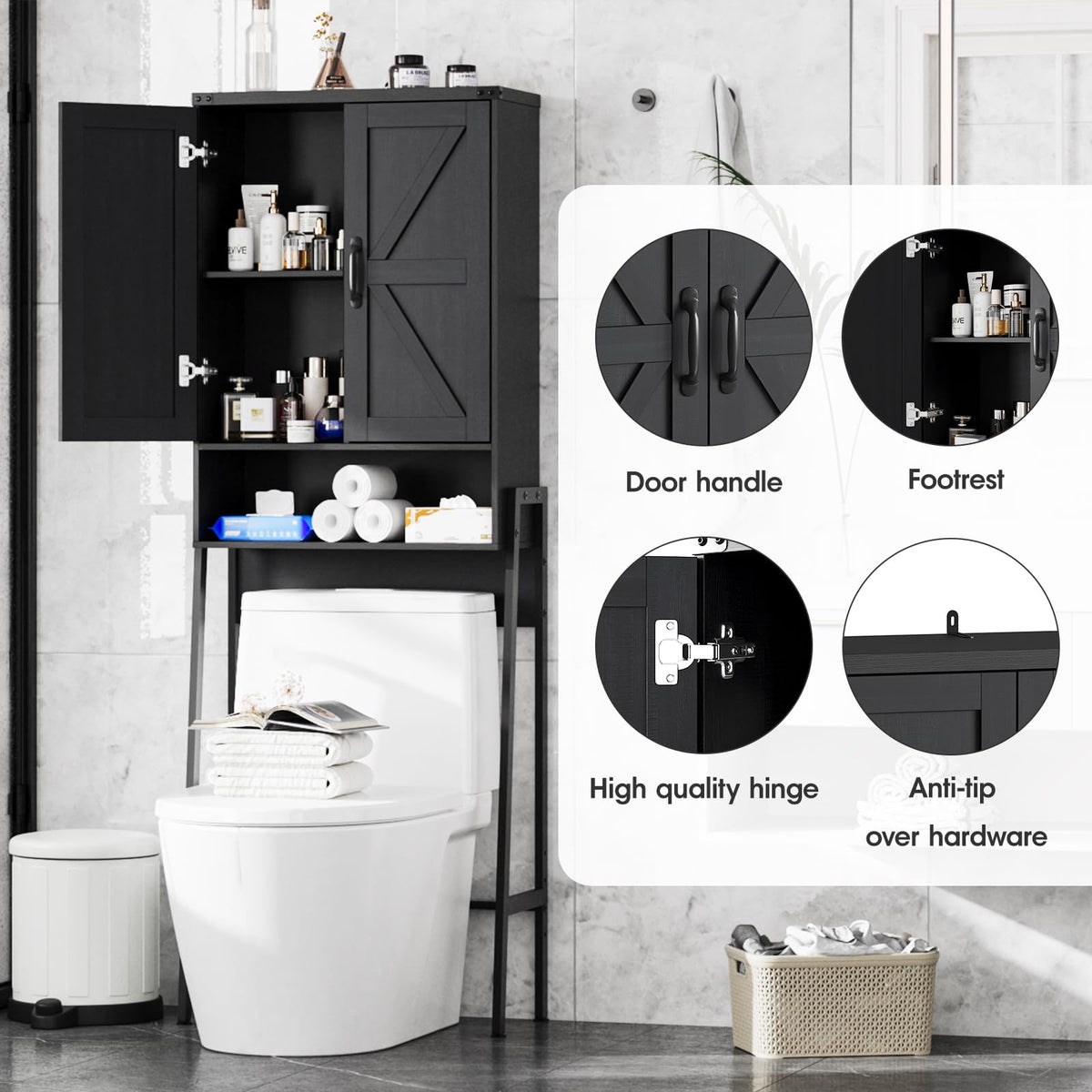 Over The Toilet Storage Cabinet with 2-Door Design Black E97251