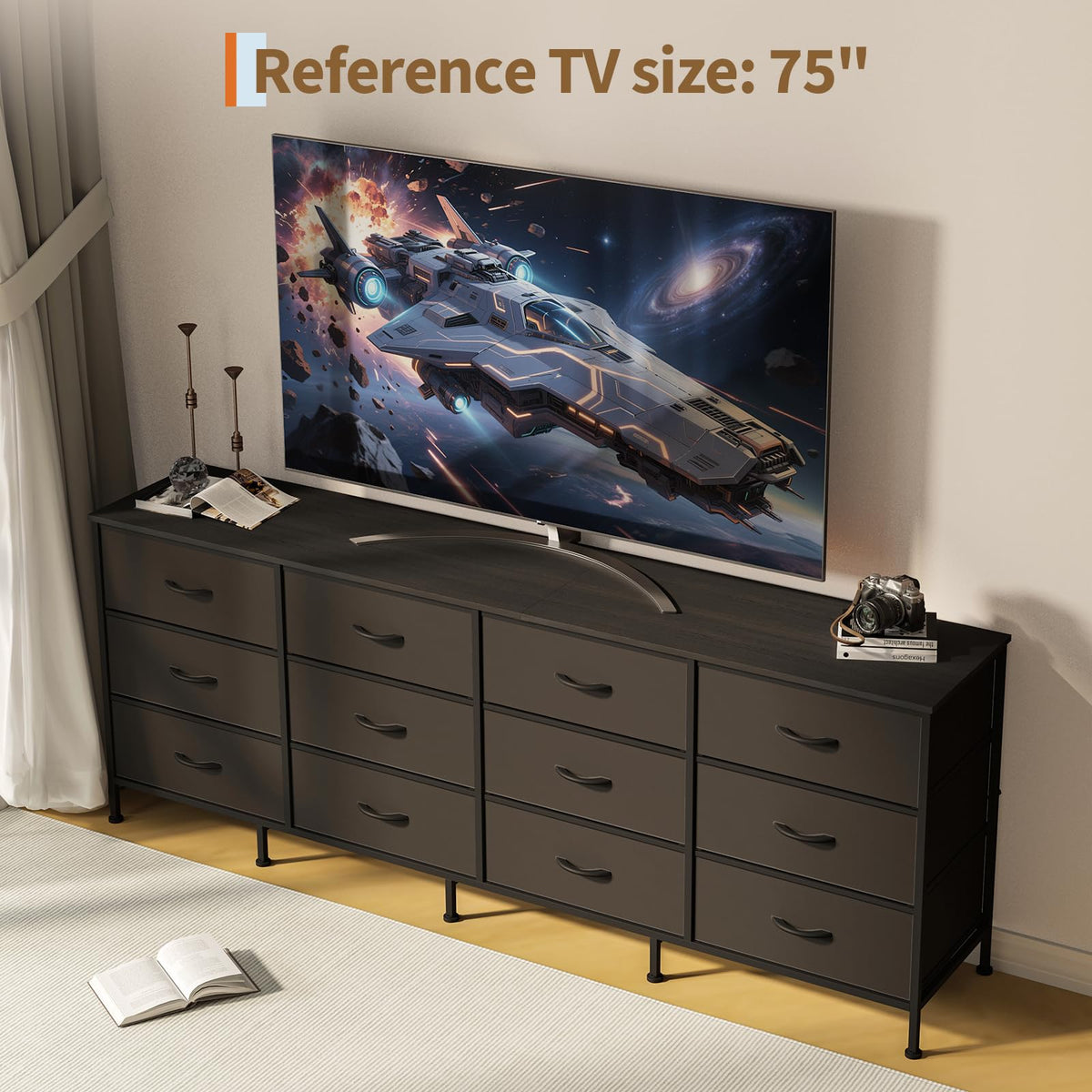 Black 12 Fabric Drawer Dresser with Charging Station H855