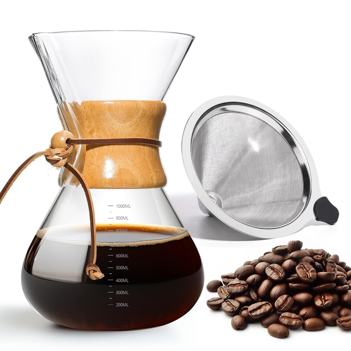 34 OZ Borosilicate Glass Pour Over Coffee Maker with Reusable Stainless Steel Filter H53171