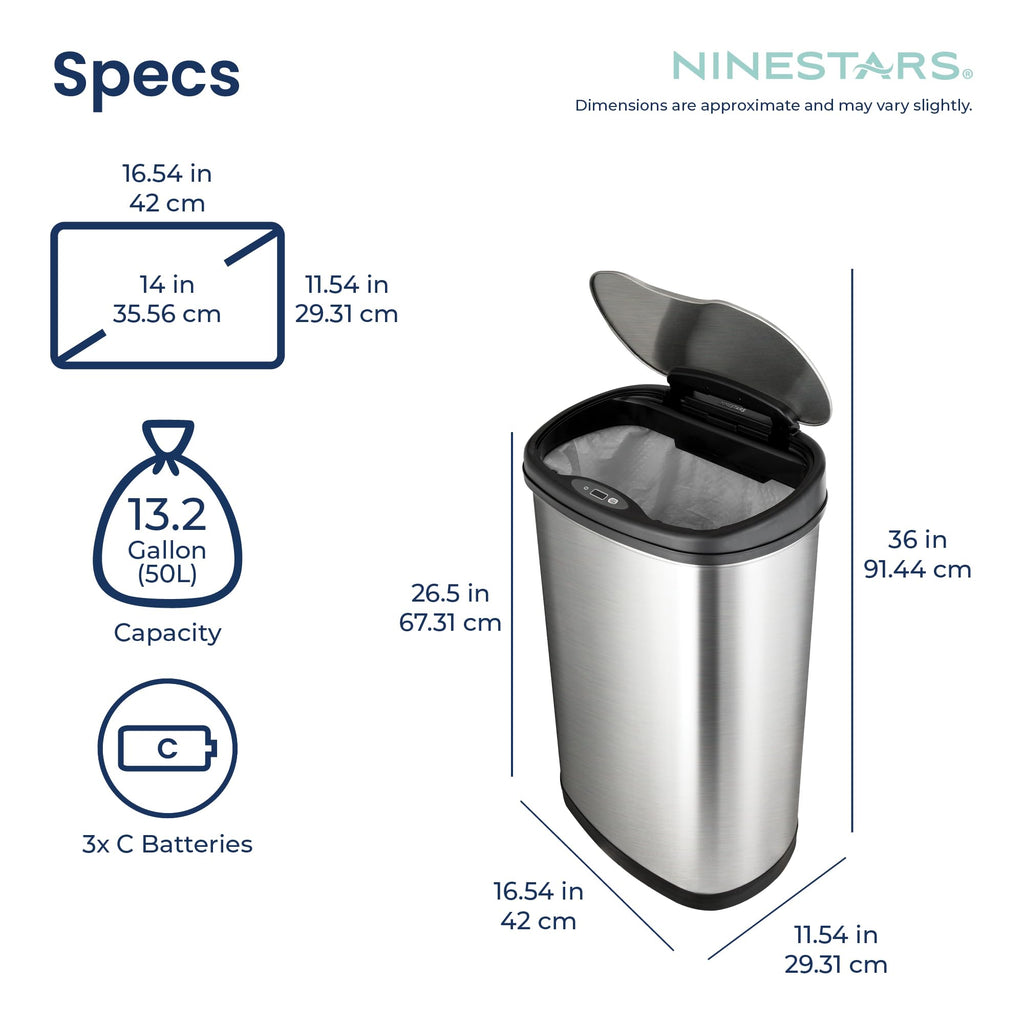 13 Gallon Oval Automatic Trash Can, 50L Touchless Motion Sensor Garbage Can with Odor-Sealing Lid & One-Touch Manual Mode, Silver Stainless Steel, Black Trim E56975