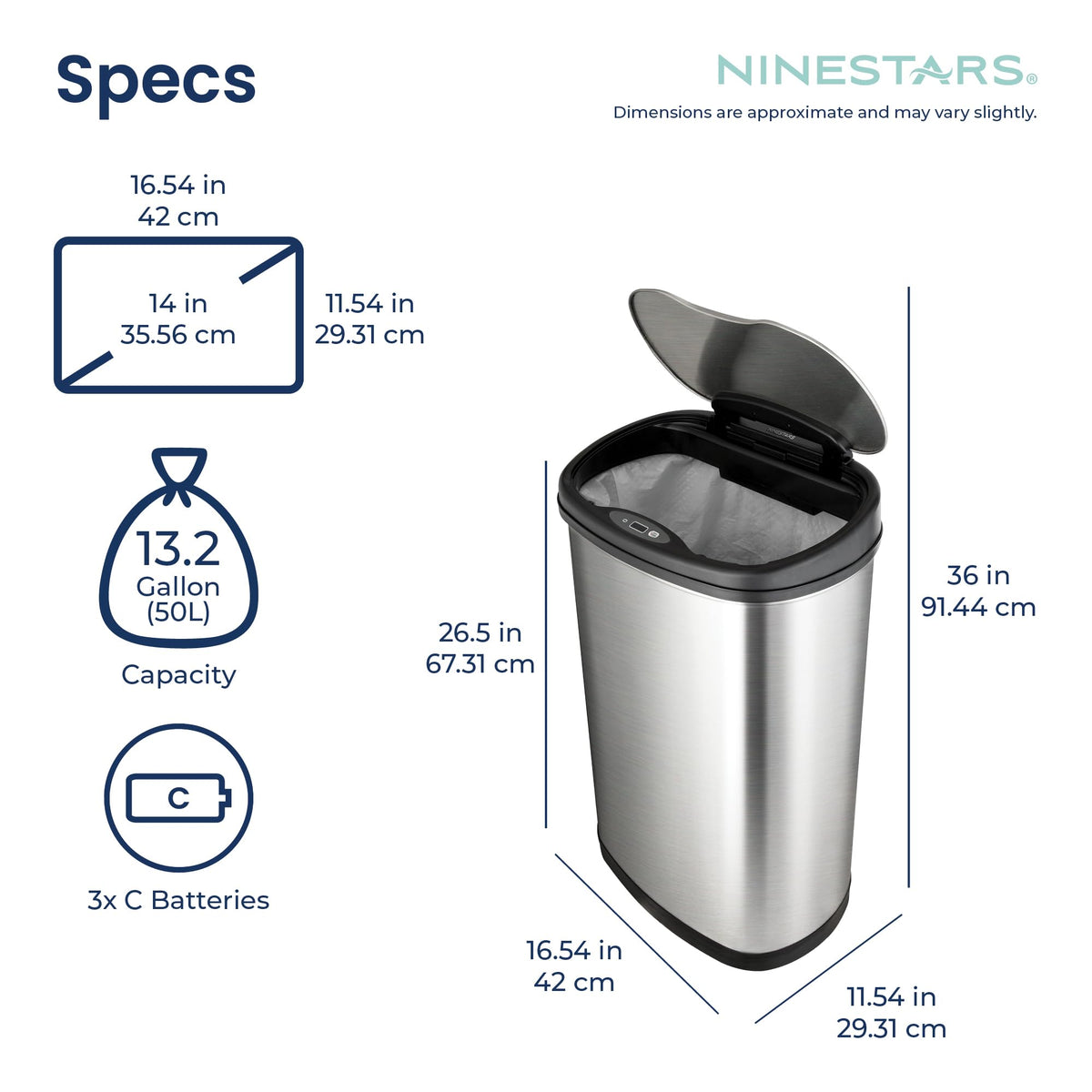 13 Gallon Oval Automatic Trash Can, 50L Touchless Motion Sensor Garbage Can with Odor-Sealing Lid & One-Touch Manual Mode, Silver Stainless Steel, Black Trim E56975