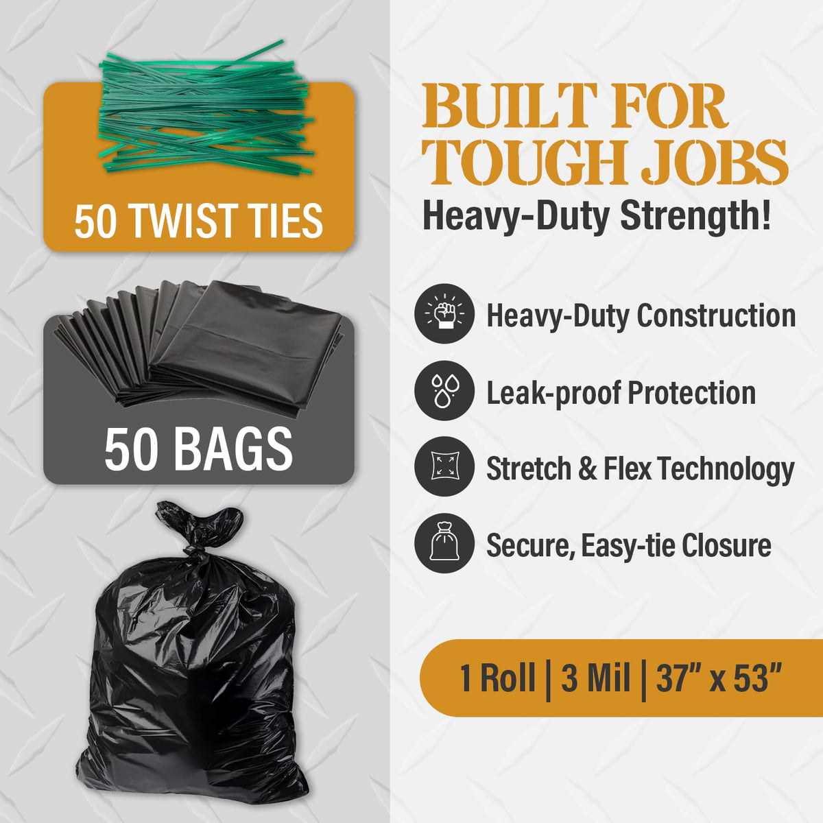 55 Gallon Heavy Duty 3 Mil Black Trash Bags 50 Ct H64898
