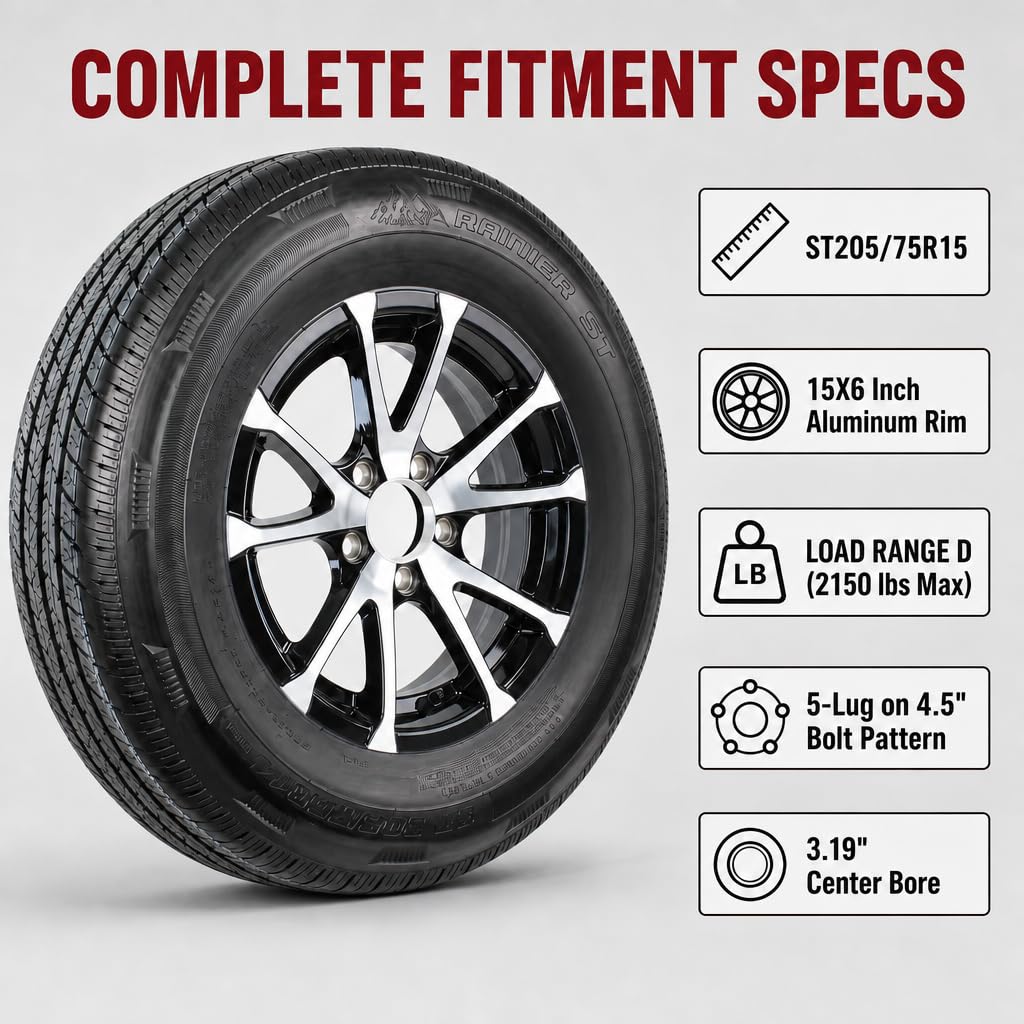 2-Pack Radial Trailer Tire Rim Assembly ST205/75R15 5 Lug Black O780
