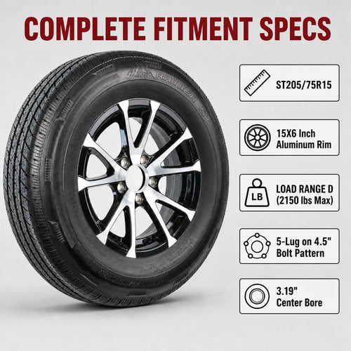 2-Pack Radial Trailer Tire Rim Assembly ST205/75R15 5 Lug Black O780