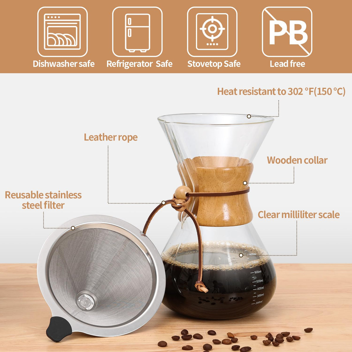 34 OZ Borosilicate Glass Pour Over Coffee Maker with Reusable Stainless Steel Filter H53171