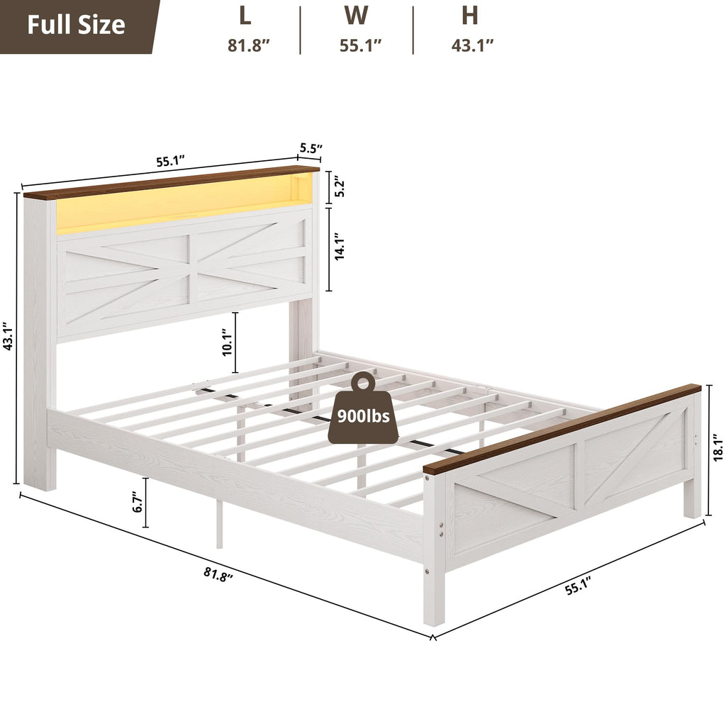 White Full Bed Frame with LED Lights & Charging Station D5104