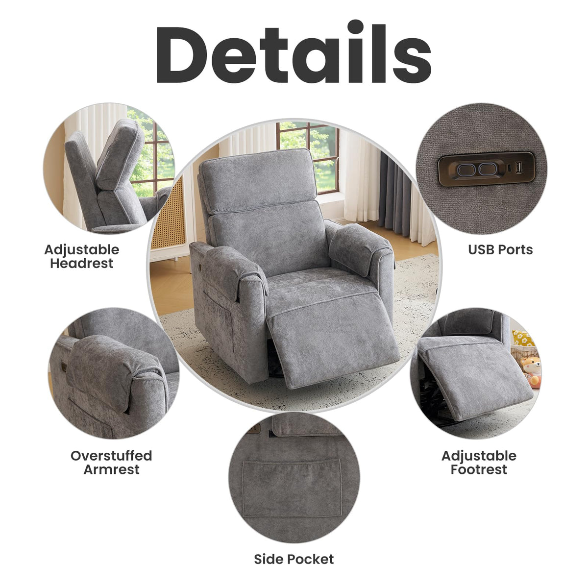 Oversized Swivel Rocking Recliner Chair with USB Ports, Grey T652398