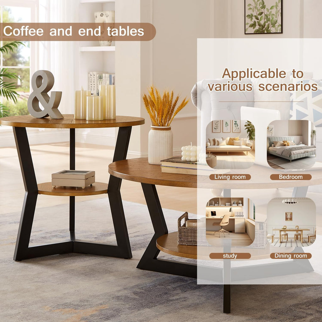 Brown 2-Tier Solid Wood Round Coffee Table R181