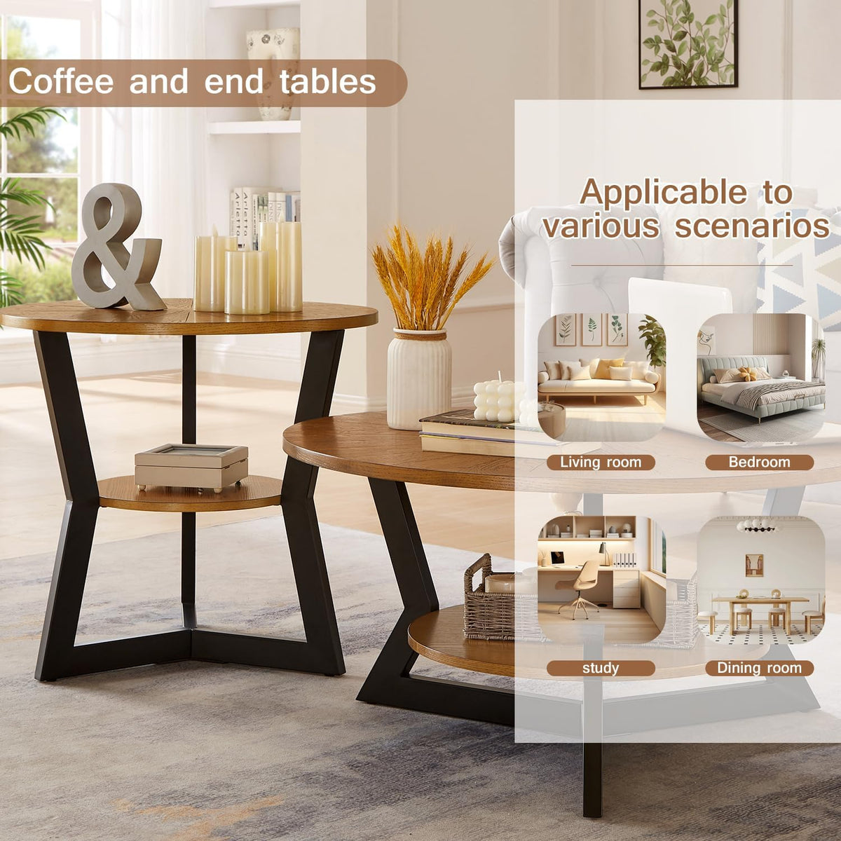 Brown 2-Tier Solid Wood Round Coffee Table R181