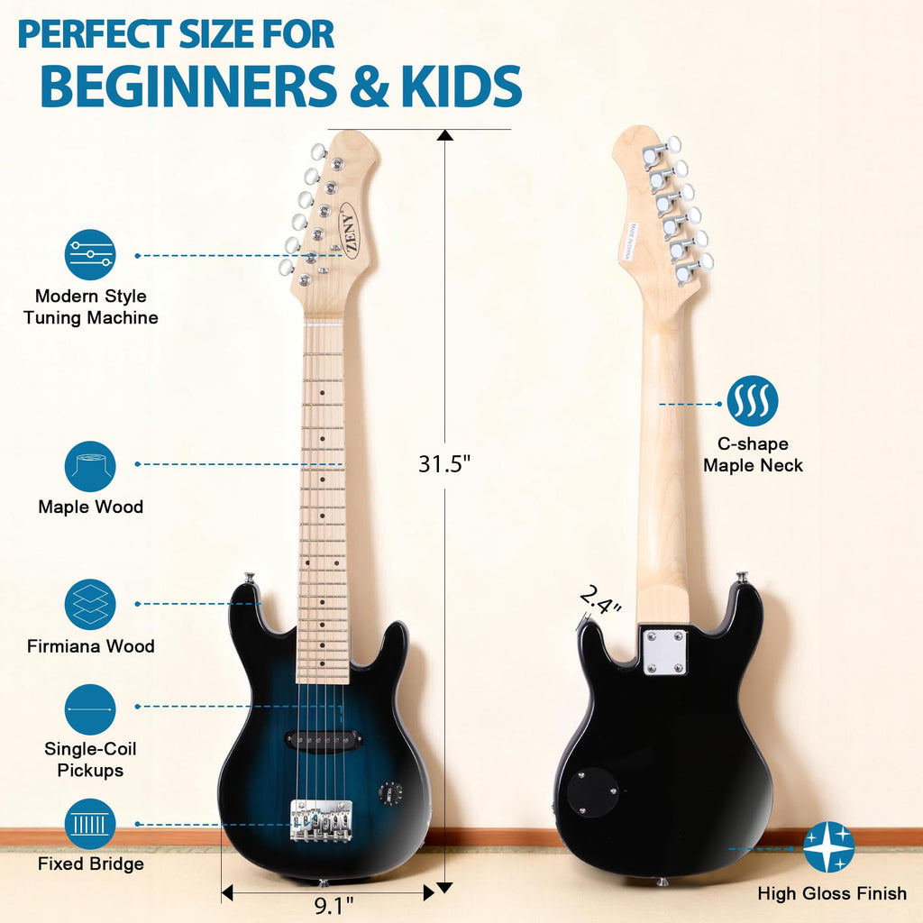 30 inch Kids Electric Guitar with 5w Amp, Gig Bag, Strap, Cable, Strings and Picks, Blue V83535