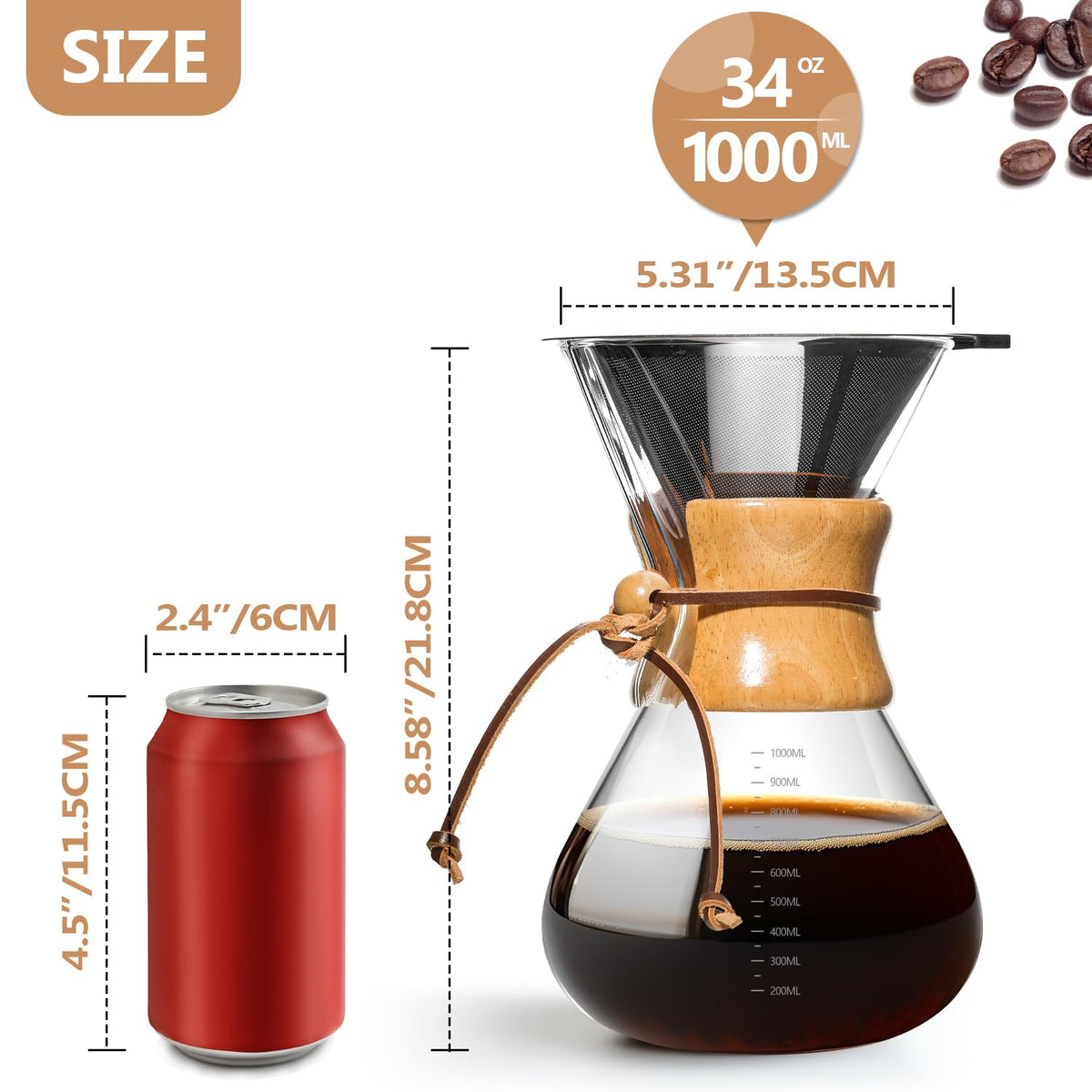 34 OZ Borosilicate Glass Pour Over Coffee Maker with Reusable Stainless Steel Filter H53171