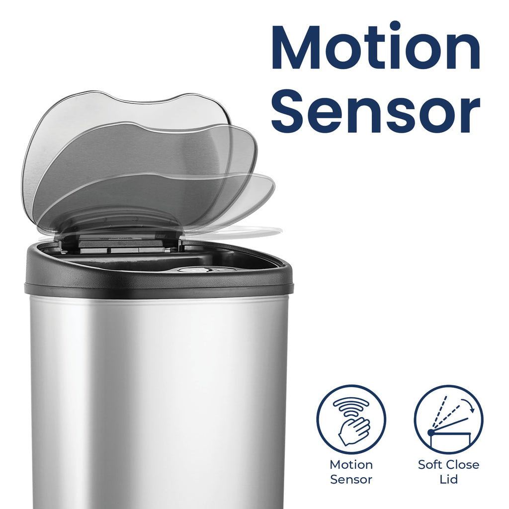 13 Gallon Oval Automatic Trash Can, 50L Touchless Motion Sensor Garbage Can with Odor-Sealing Lid & One-Touch Manual Mode, Silver Stainless Steel, Black Trim E56975