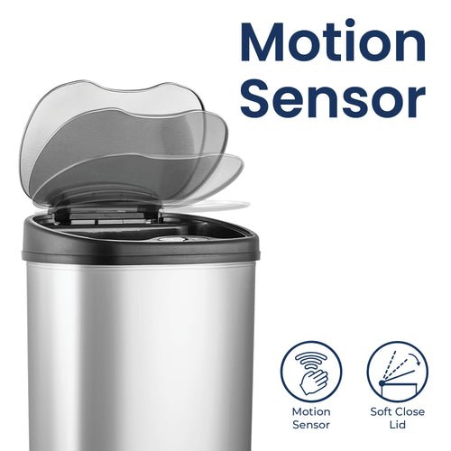 13 Gallon Oval Automatic Trash Can, 50L Touchless Motion Sensor Garbage Can with Odor-Sealing Lid & One-Touch Manual Mode, Silver Stainless Steel, Black Trim E56975