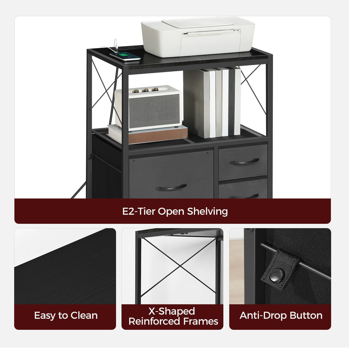 Black 3 Drawer File Cabinet with Charging Station U68356