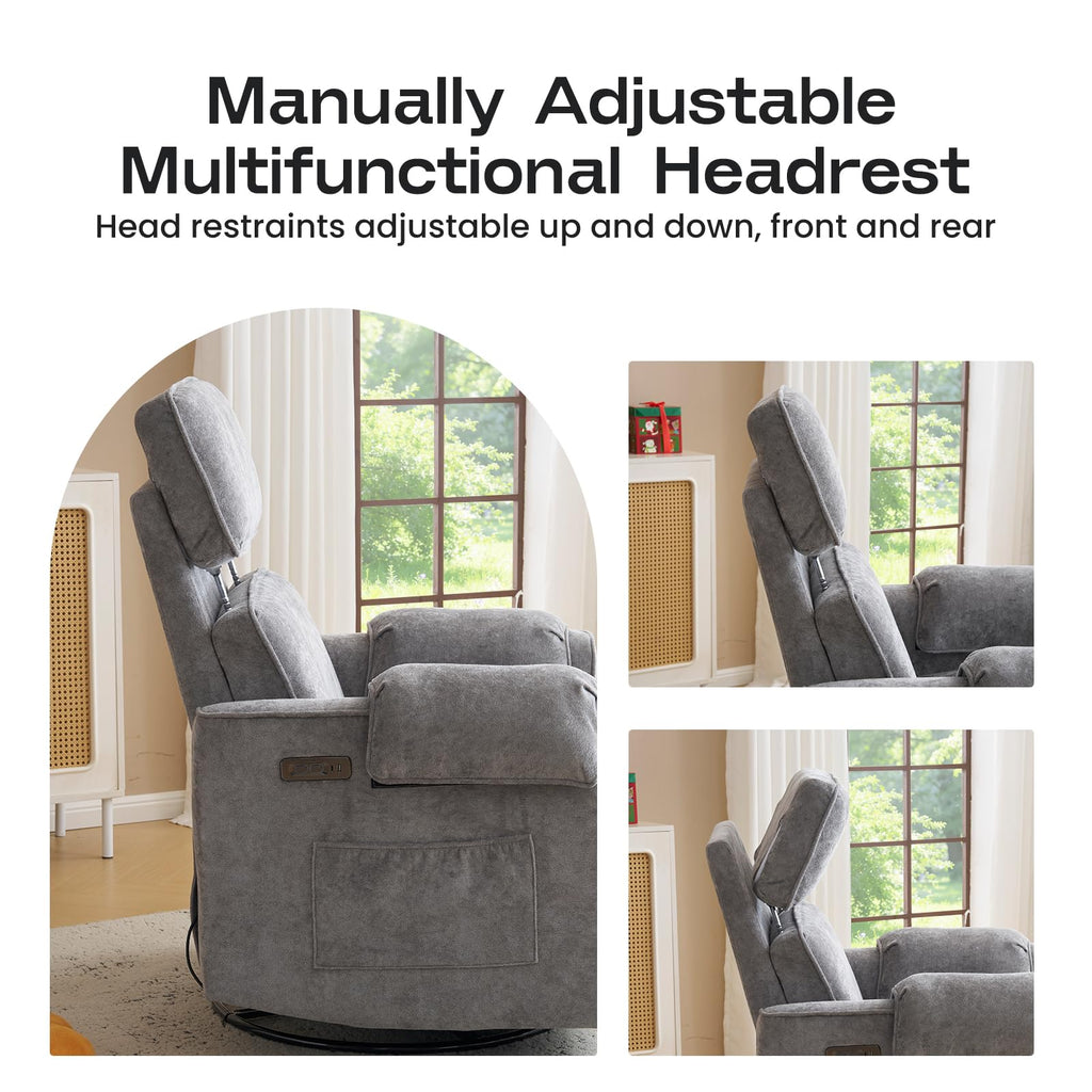 Oversized Swivel Rocking Recliner Chair with USB Ports, Grey T652398