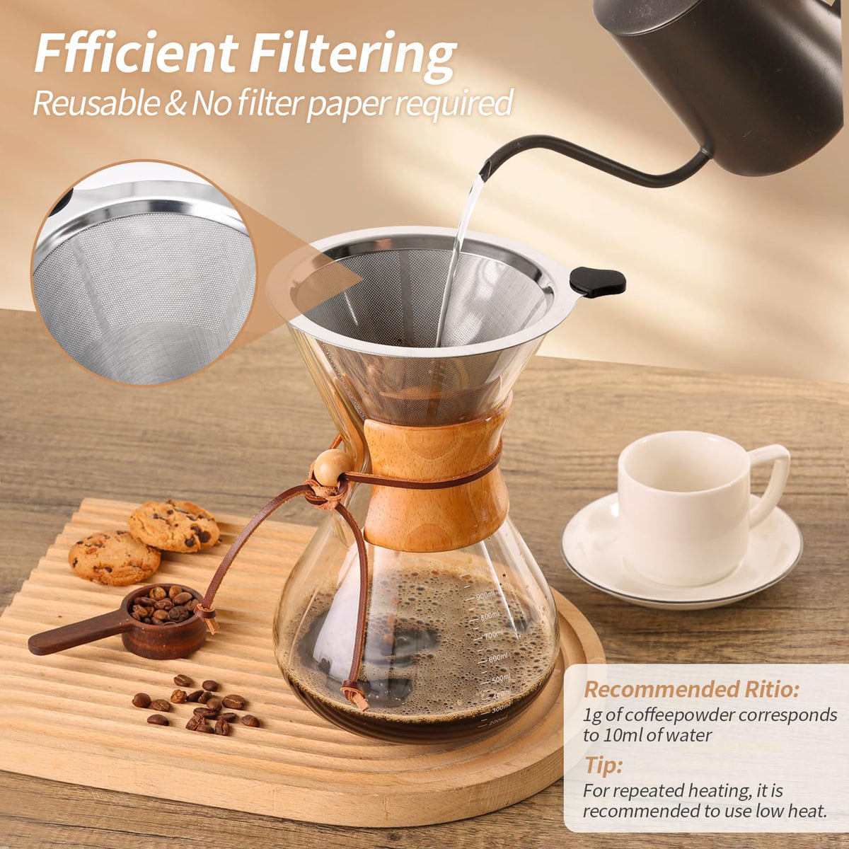 34 OZ Borosilicate Glass Pour Over Coffee Maker with Reusable Stainless Steel Filter H53171