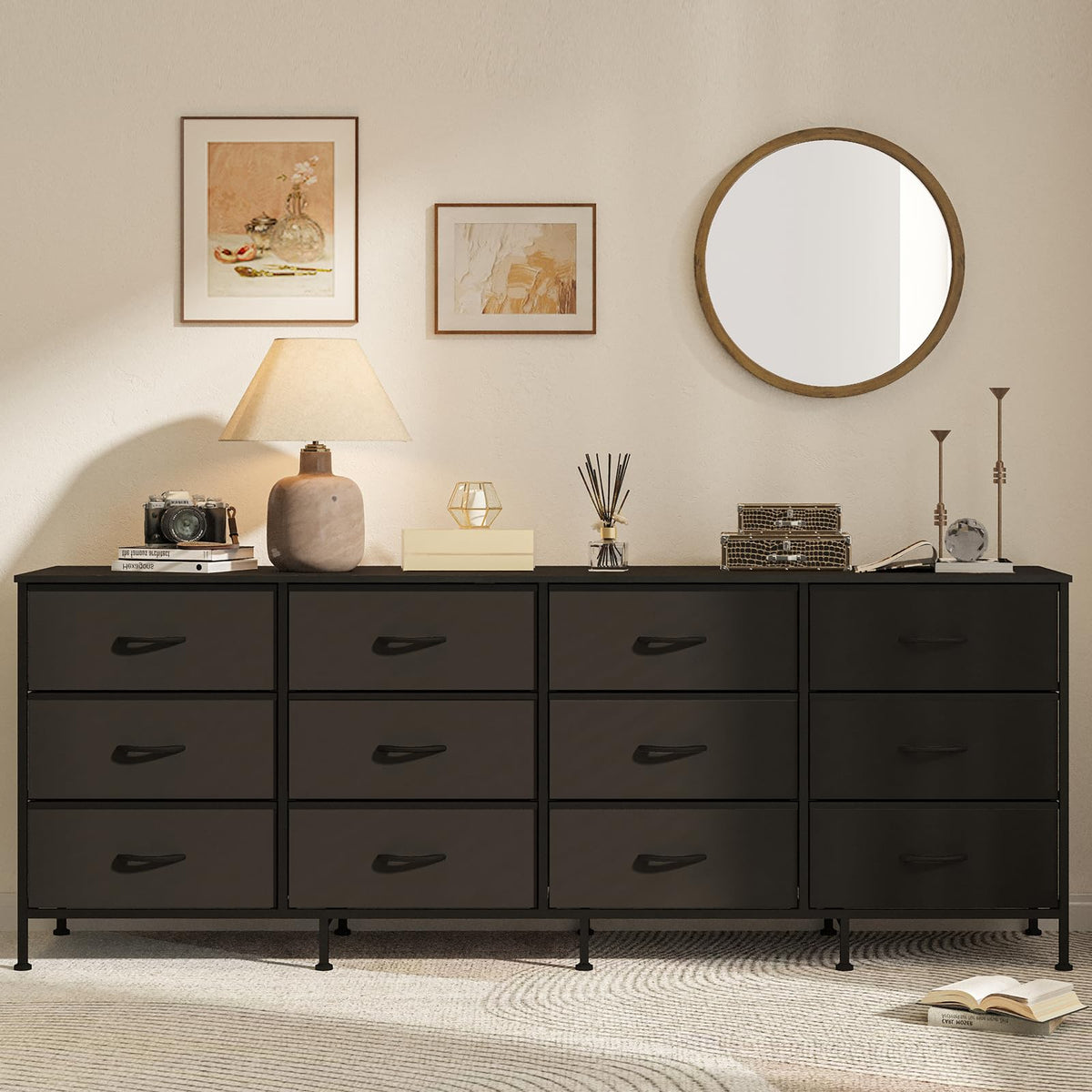 Black 12 Fabric Drawer Dresser with Charging Station H855