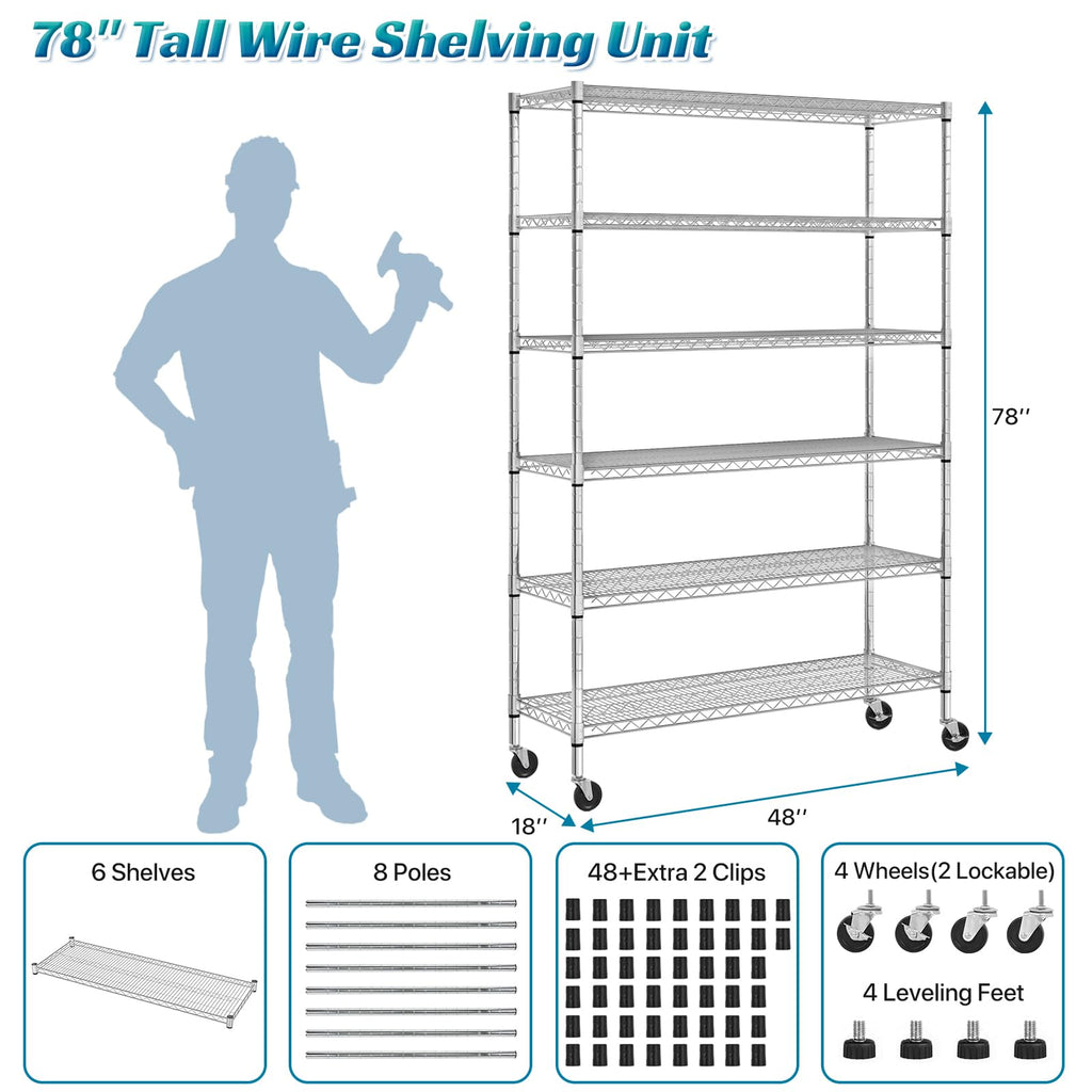 6-Tier Heavy Duty Steel Wire Shelving Unit with Wheels L183