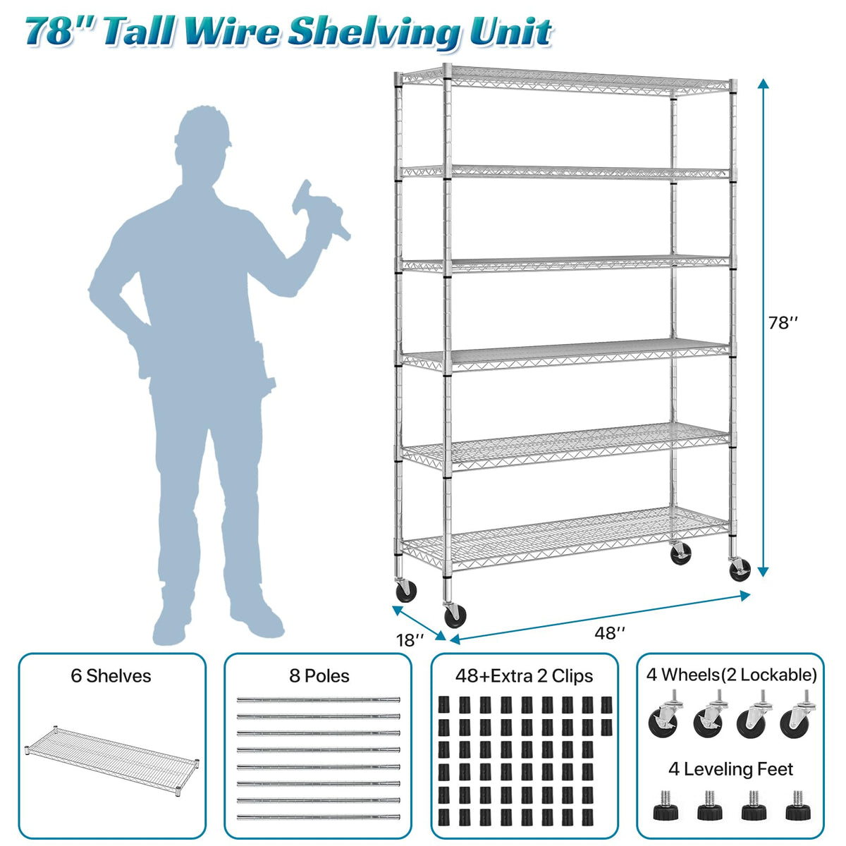 6-Tier Heavy Duty Steel Wire Shelving Unit with Wheels L183