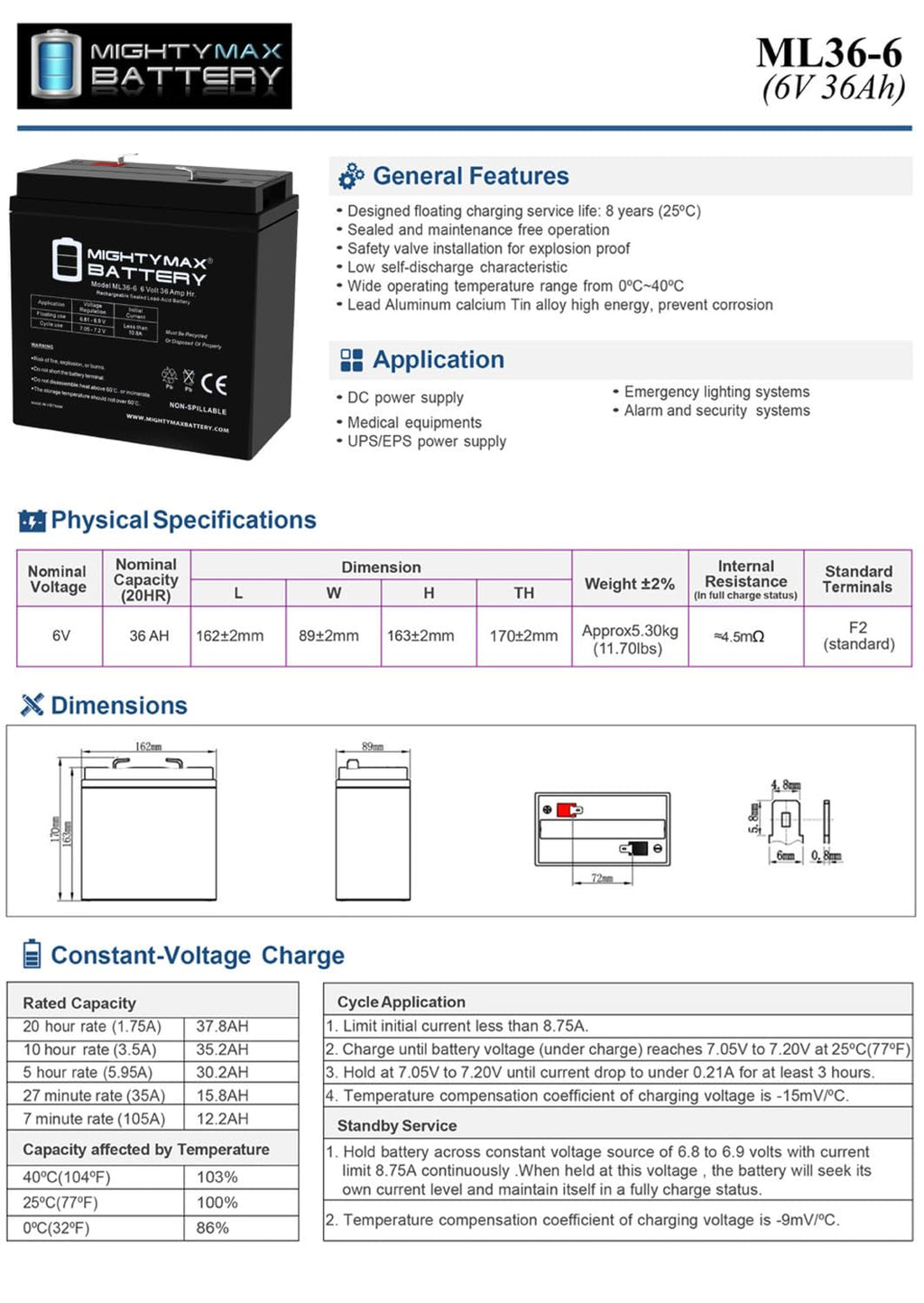 6V 36Ah AGM F2 Terminal Battery X1212