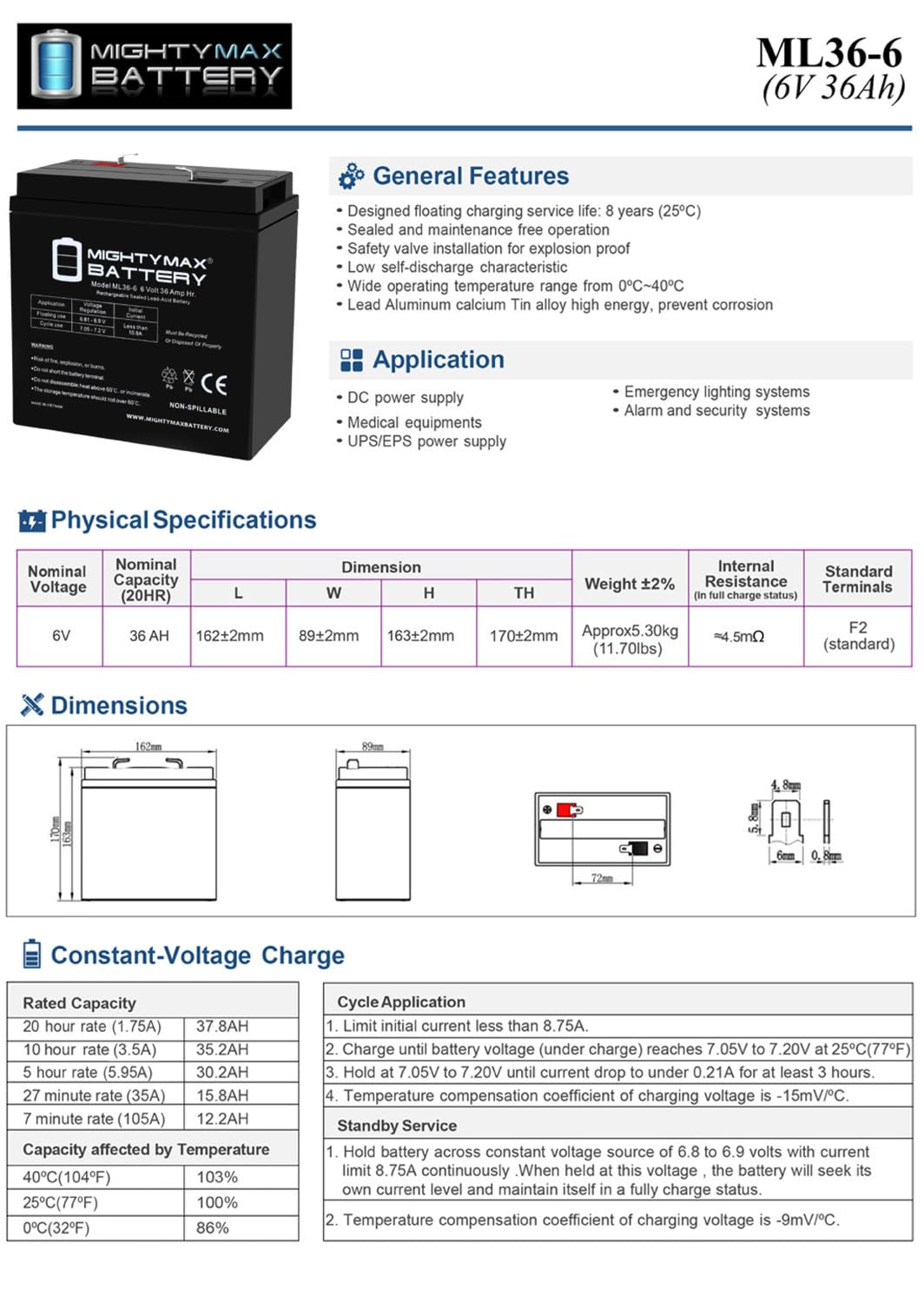 6V 36Ah AGM F2 Terminal Battery X1212