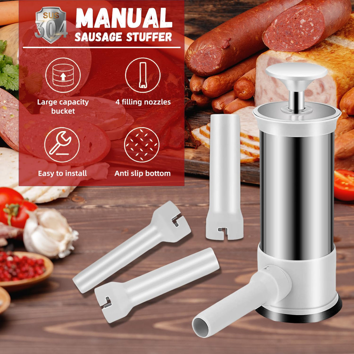 2.2lb Stainless Steel Sausage Stuffer with 4 Stuffing Tubes X20213