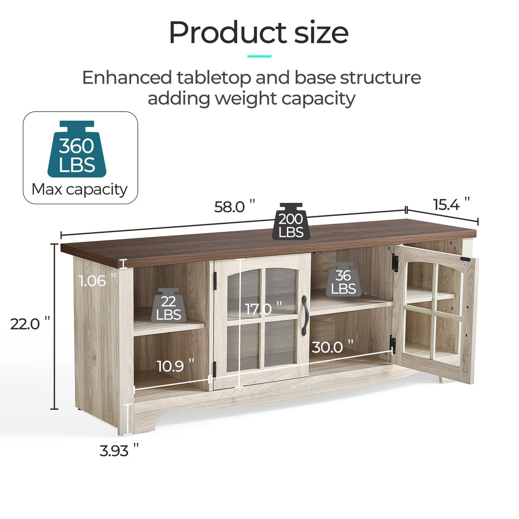 Farmhouse Wood TV Stand for 65 Inch TV with Glass Door Storage Cabinet N129