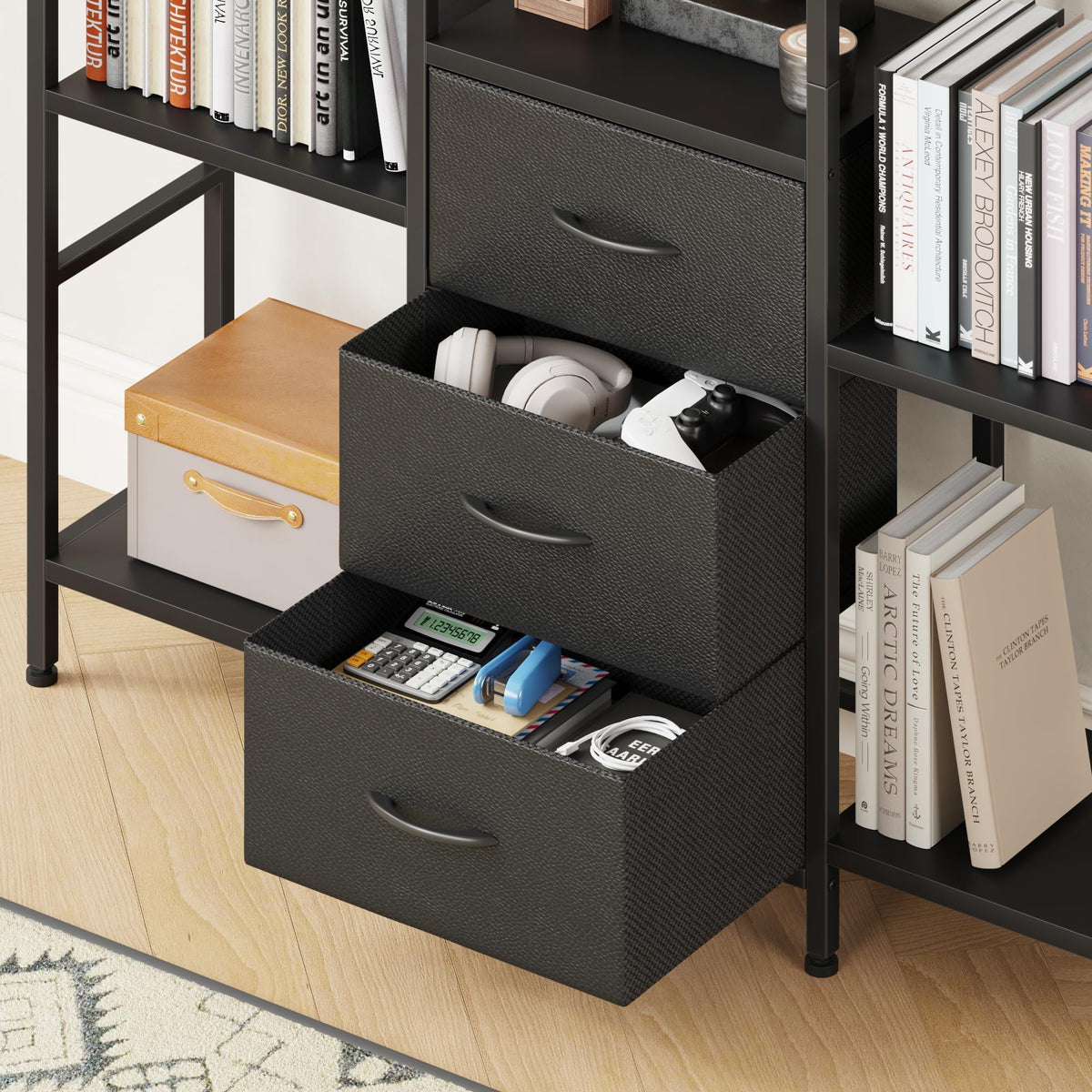 Black 4-Tier Bookshelf with 3 Fabric Drawers Z8712