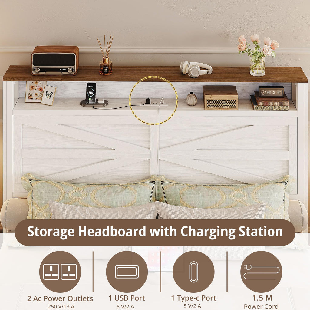 White Full Bed Frame with LED Lights & Charging Station D5104