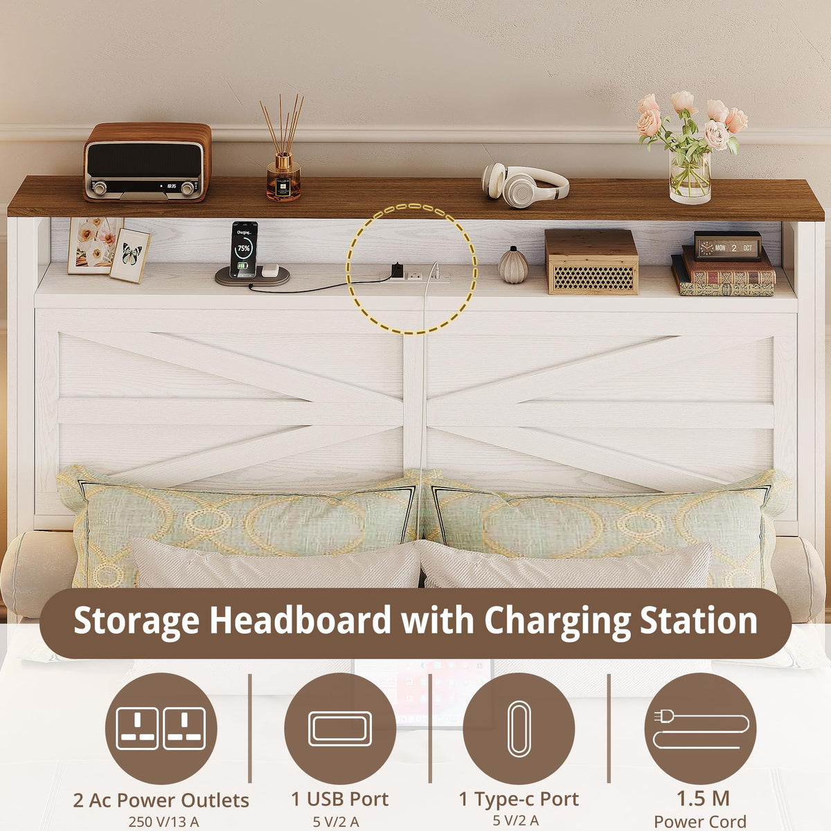 White Full Bed Frame with LED Lights & Charging Station D5104