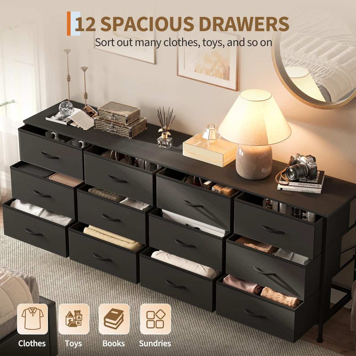 Black 12 Fabric Drawer Dresser with Charging Station H855