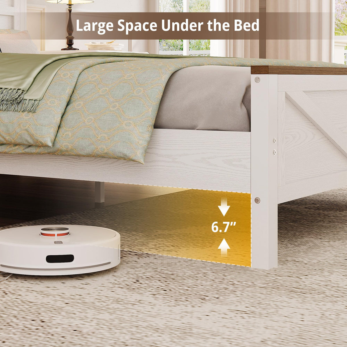 White Full Bed Frame with LED Lights & Charging Station D5104