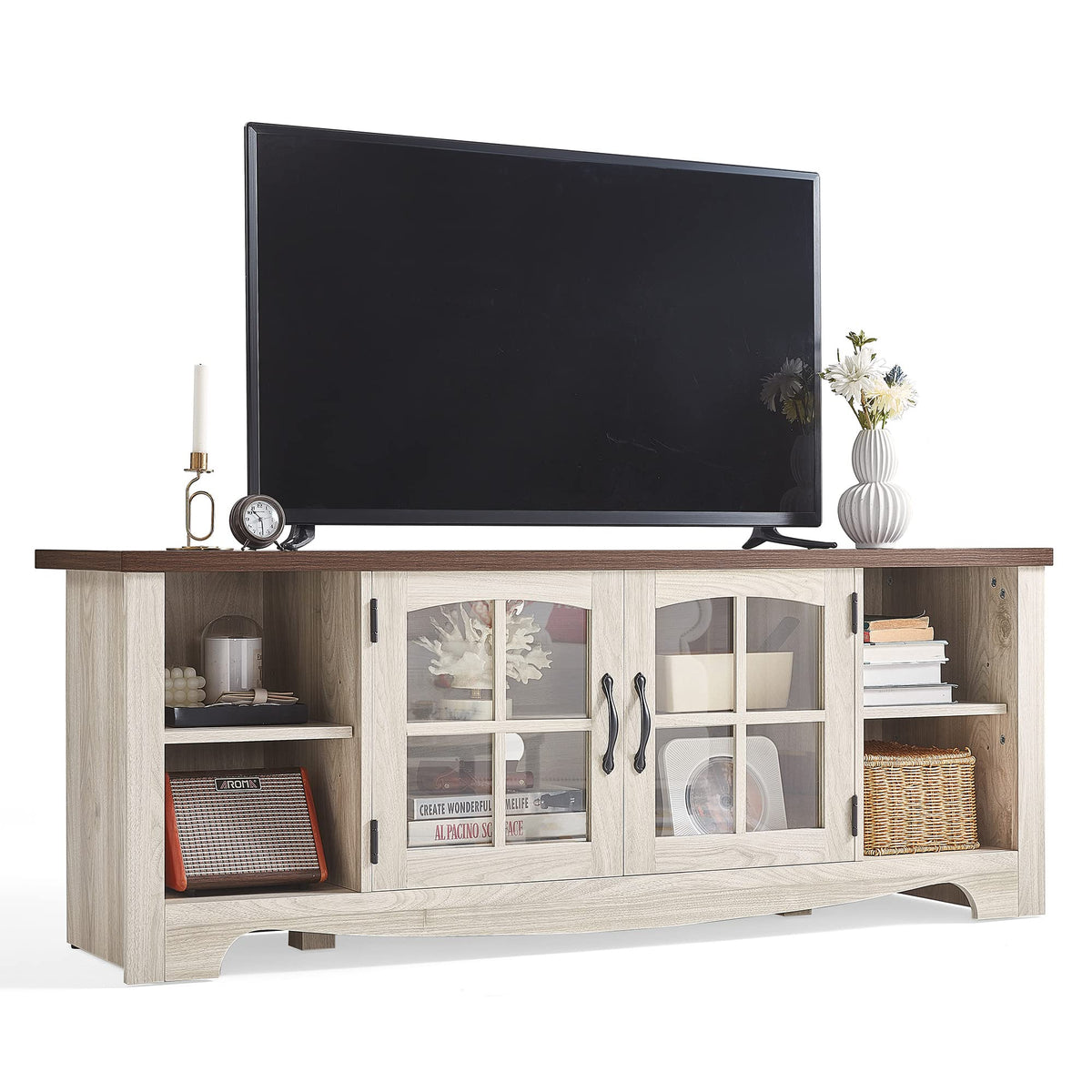 Farmhouse Wood TV Stand for 65 Inch TV with Glass Door Storage Cabinet N129