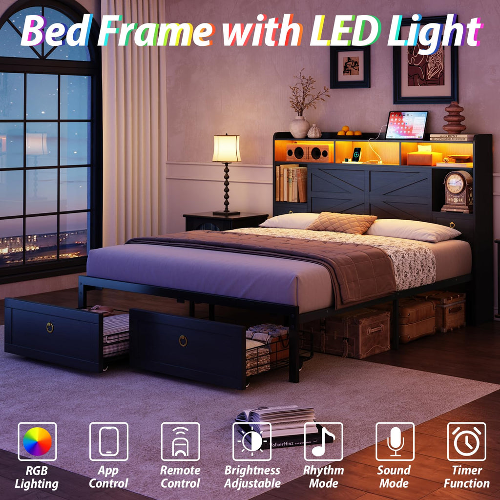 Queen Size Wood Bed Frame with Storage Headboard and 4 Drawers N5256