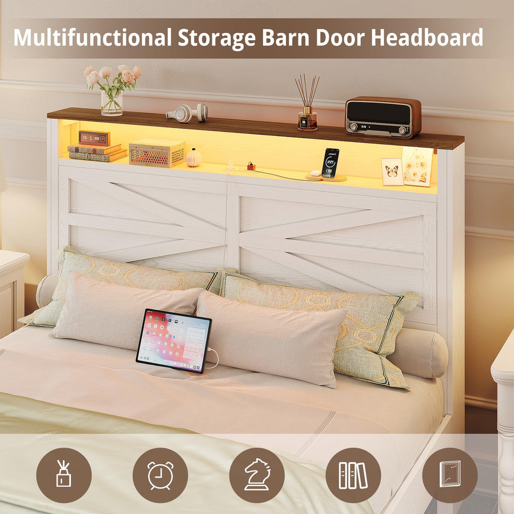 White Full Bed Frame with LED Lights & Charging Station D5104
