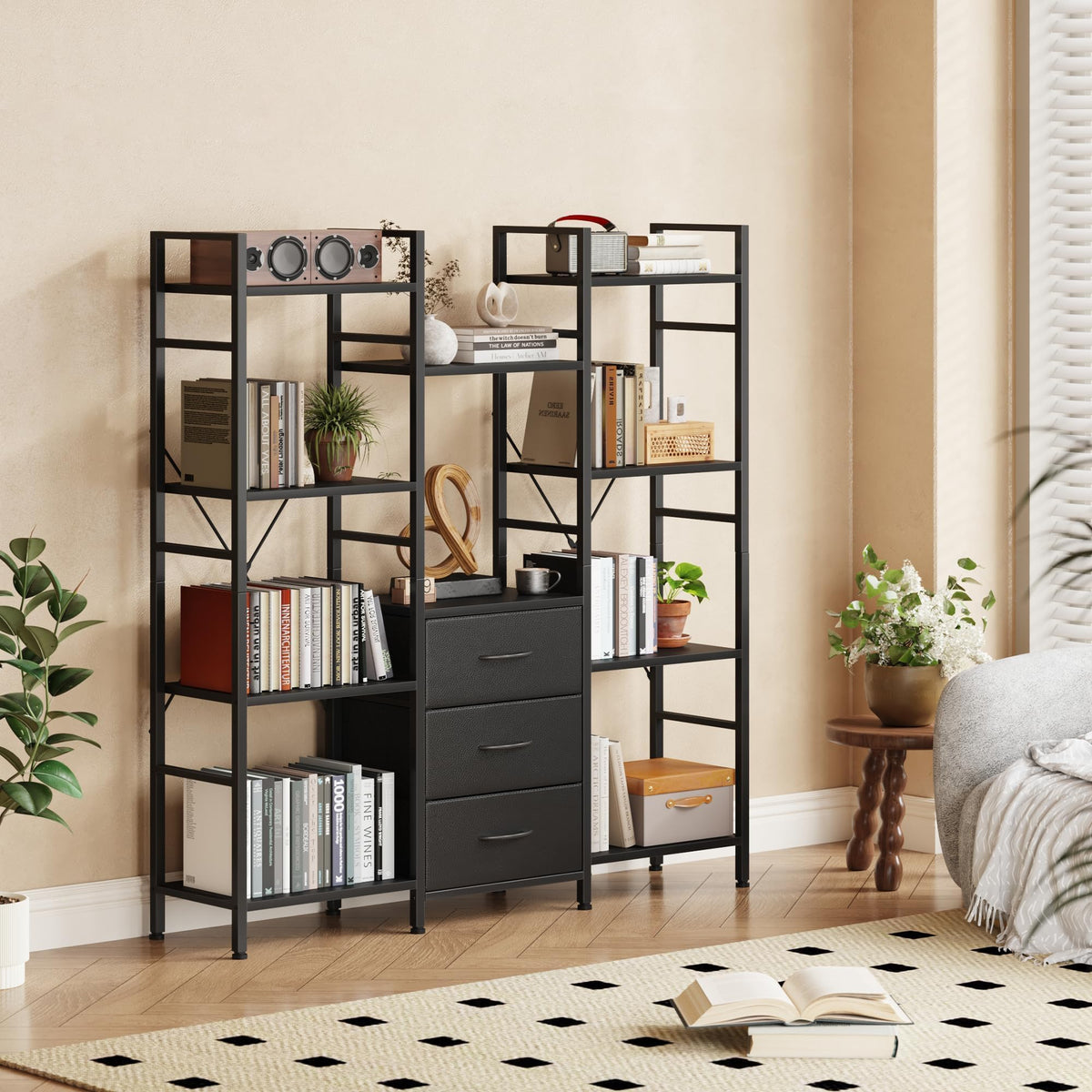 Black 4-Tier Bookshelf with 3 Fabric Drawers Z8712