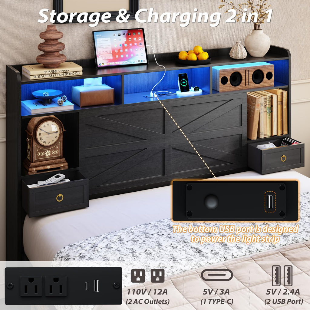 Queen Size Wood Bed Frame with Storage Headboard and 4 Drawers N5256
