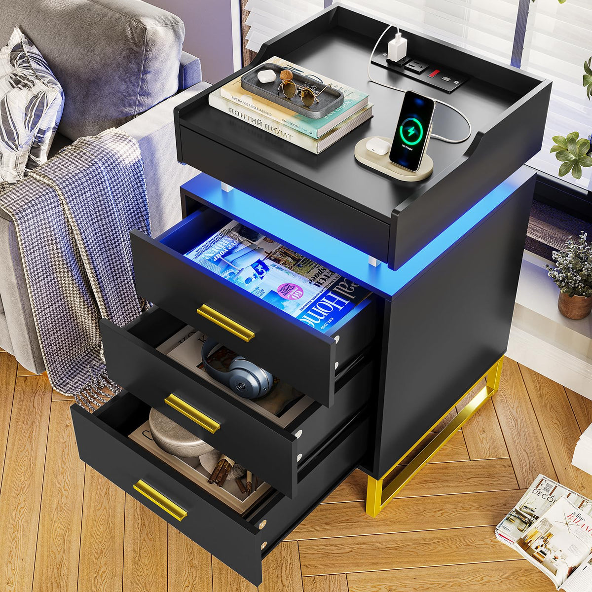 Black and Gold LED Nightstand with Charging Station B597056
