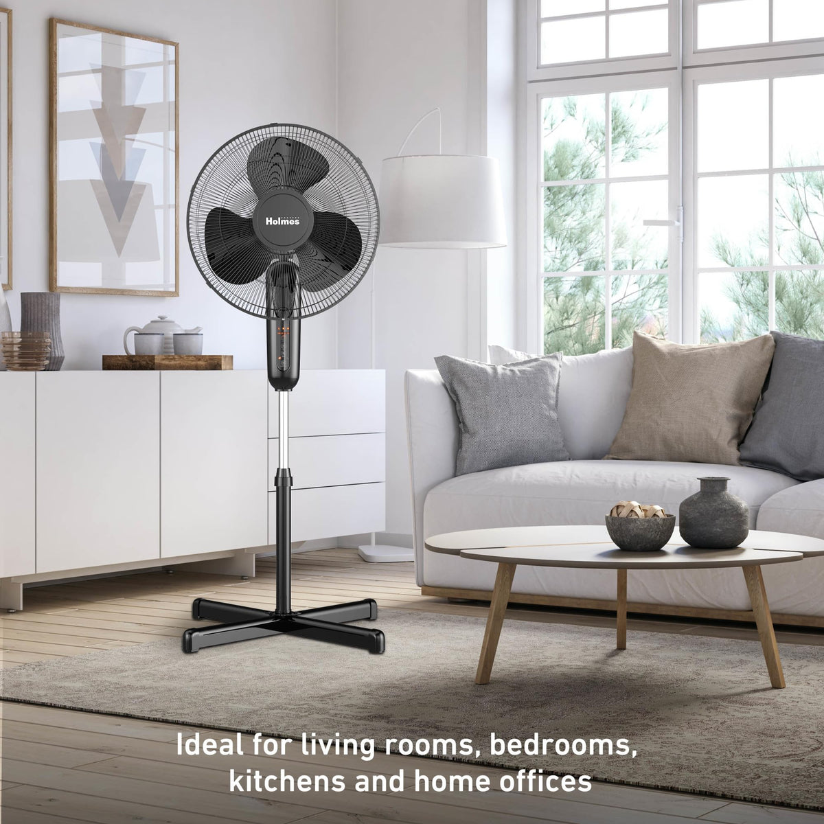 16" Digital Stand Fan, 80° Oscillation, 3 Speeds, Remote Control, Black E492005