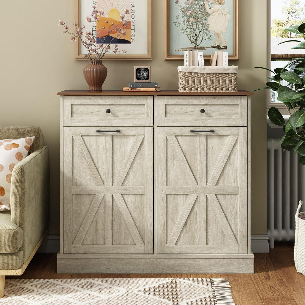 Double Tilt Out Trash Bin Holder Walnut White Wooden 10 Gallon Z37359