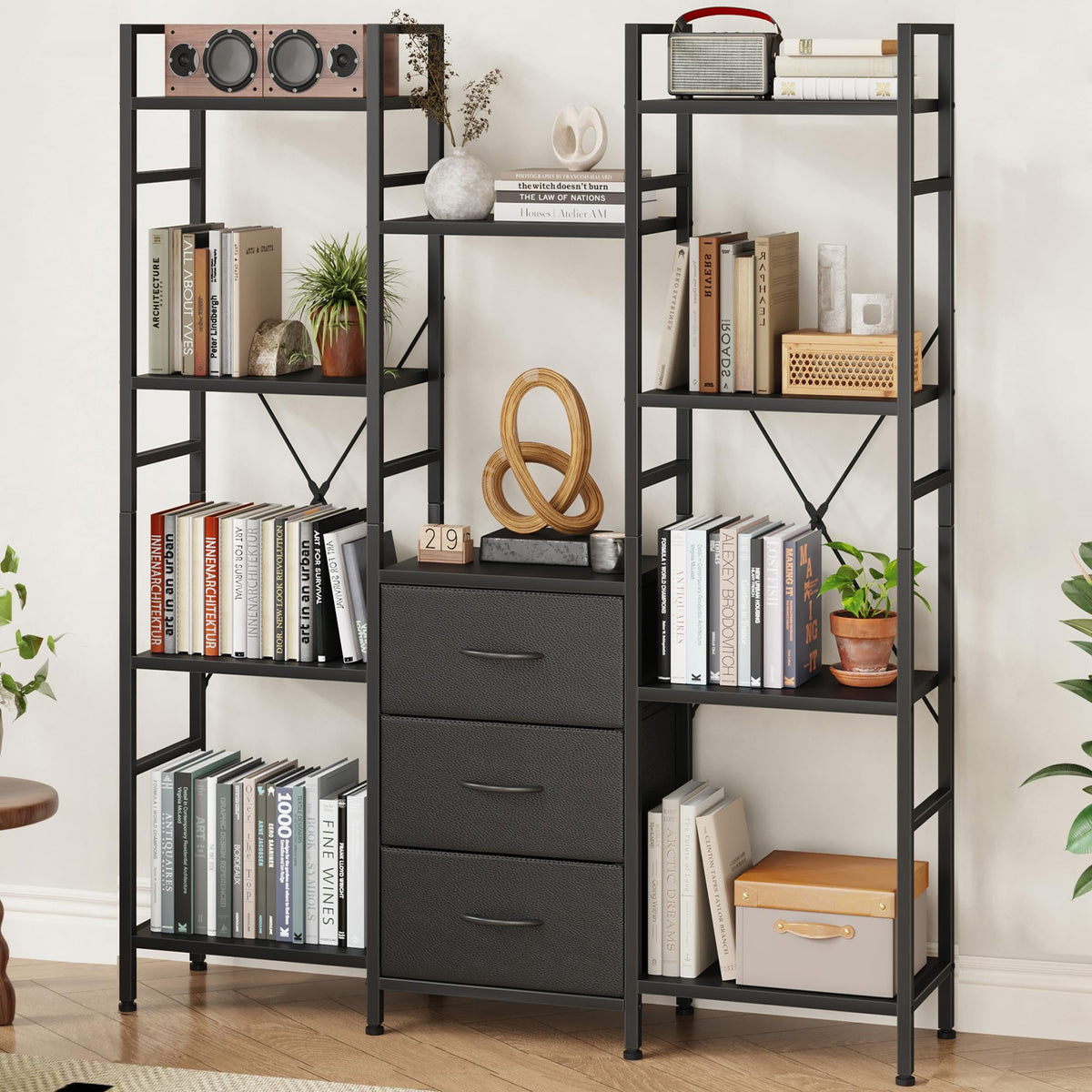 Black 4-Tier Bookshelf with 3 Fabric Drawers Z8712