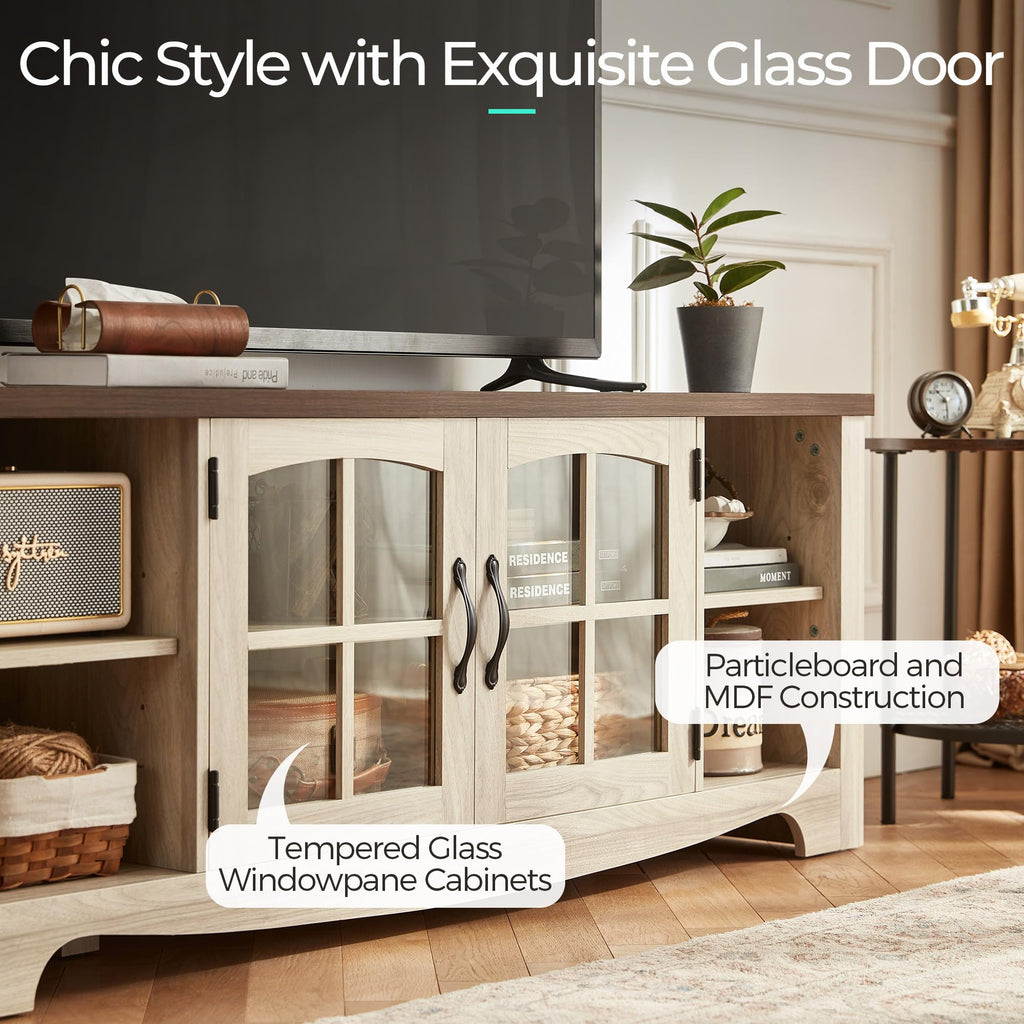 Farmhouse Wood TV Stand for 65 Inch TV with Glass Door Storage Cabinet N129