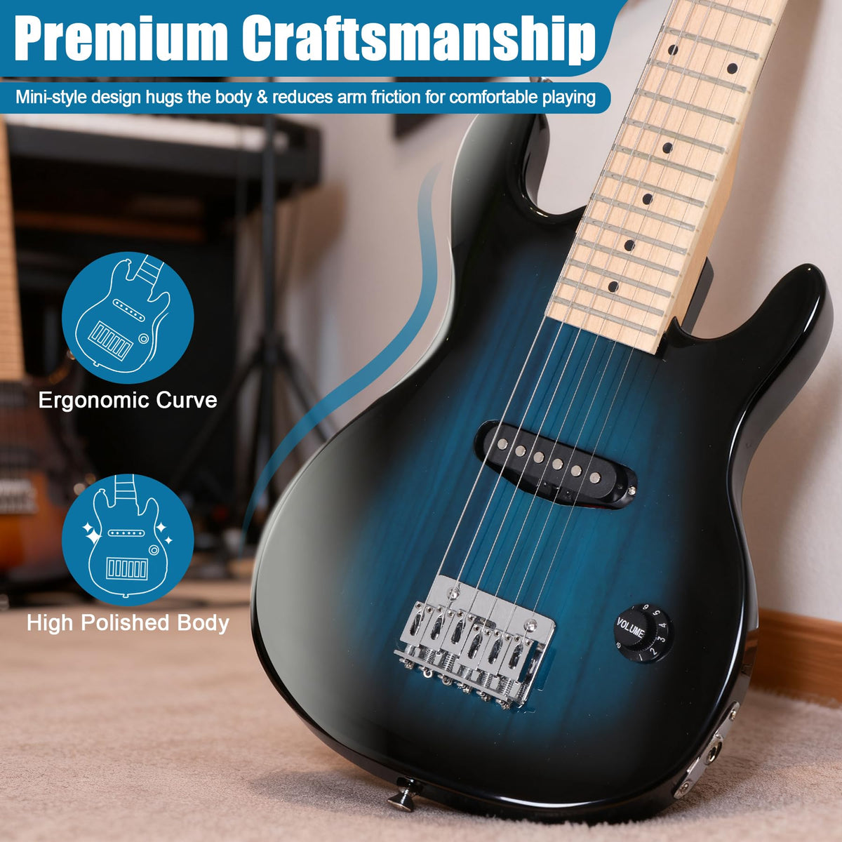 30 inch Kids Electric Guitar with 5w Amp, Gig Bag, Strap, Cable, Strings and Picks, Blue V83535