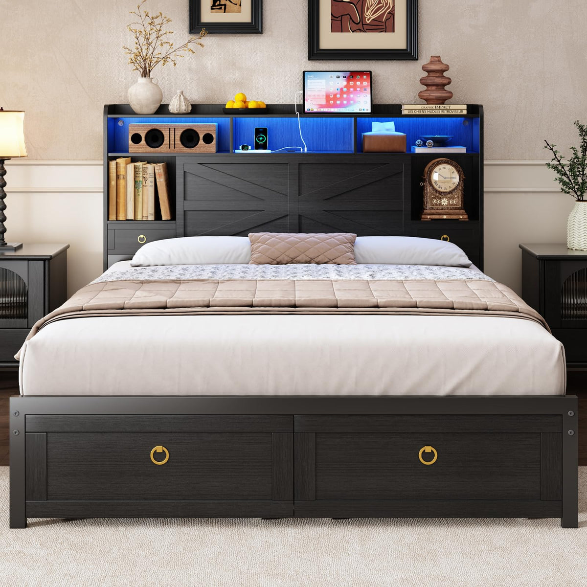 Queen Size Wood Bed Frame with Storage Headboard and 4 Drawers N5256