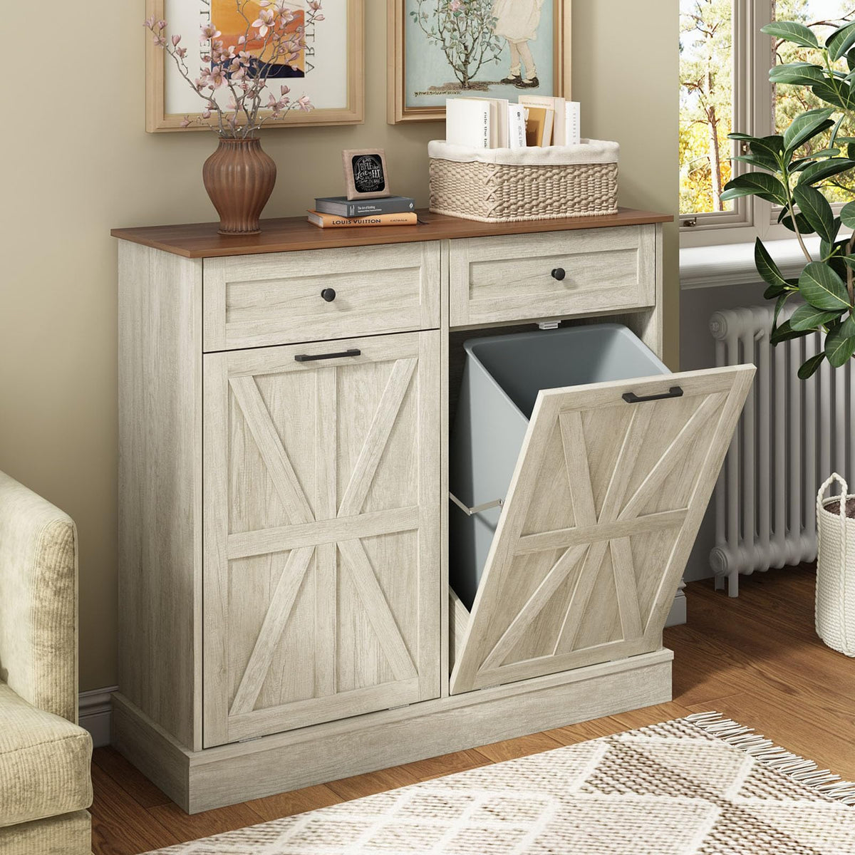 Double Tilt Out Trash Bin Holder Walnut White Wooden 10 Gallon Z37359