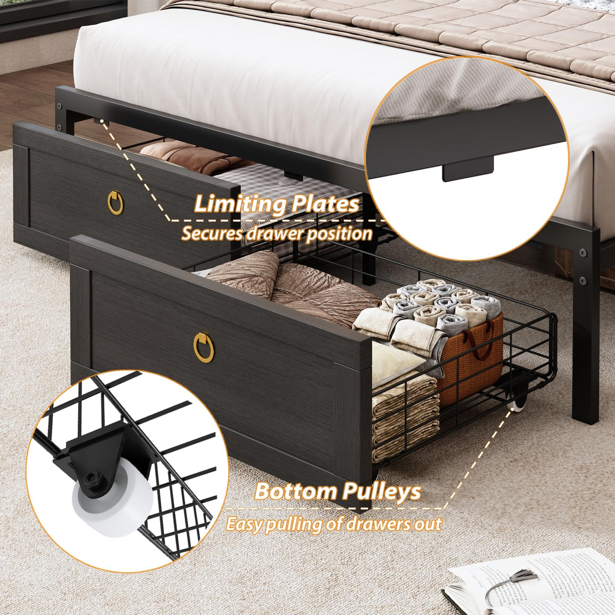 Queen Size Wood Bed Frame with Storage Headboard and 4 Drawers N5256