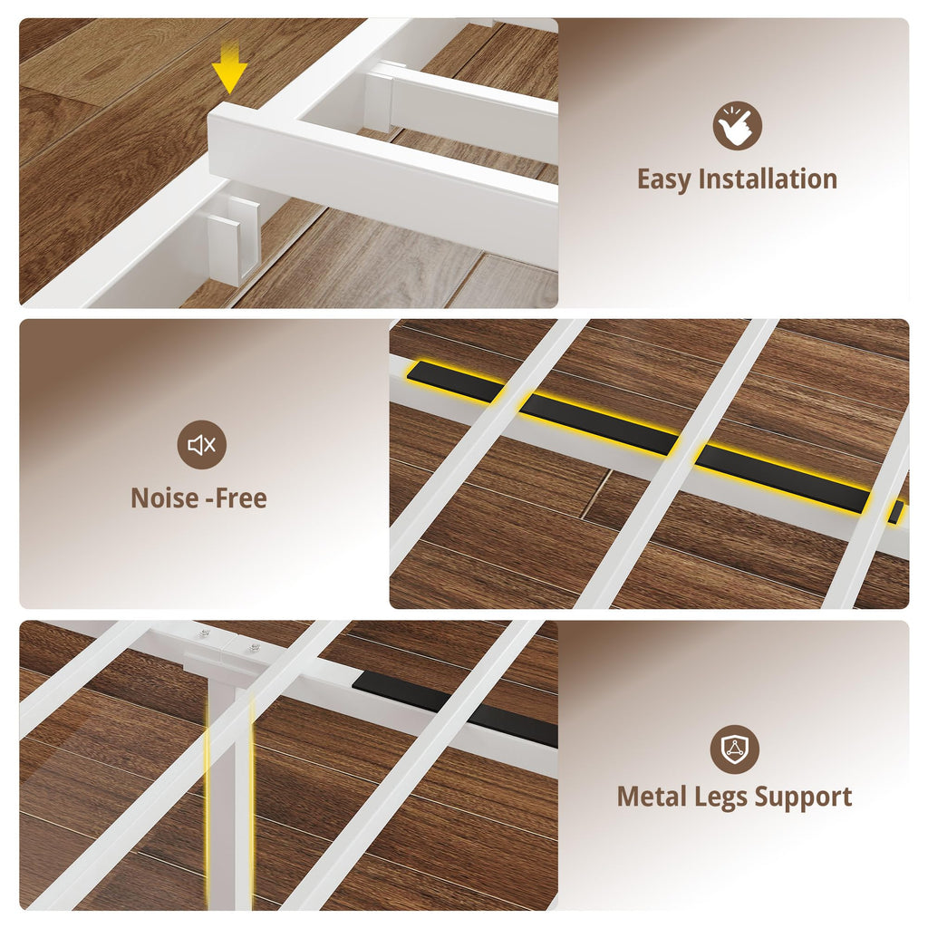White Full Bed Frame with LED Lights & Charging Station D5104