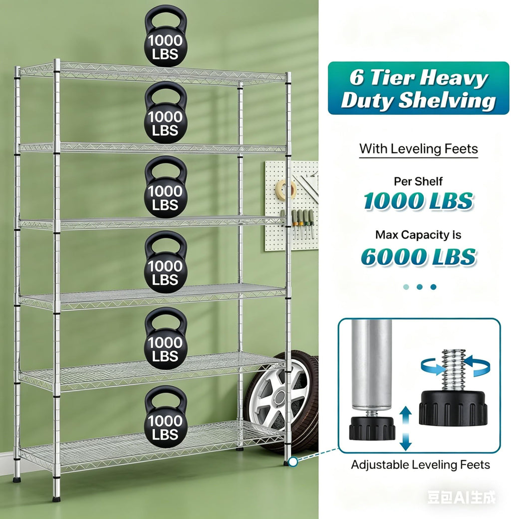 6-Tier Heavy Duty Steel Wire Shelving Unit with Wheels L183