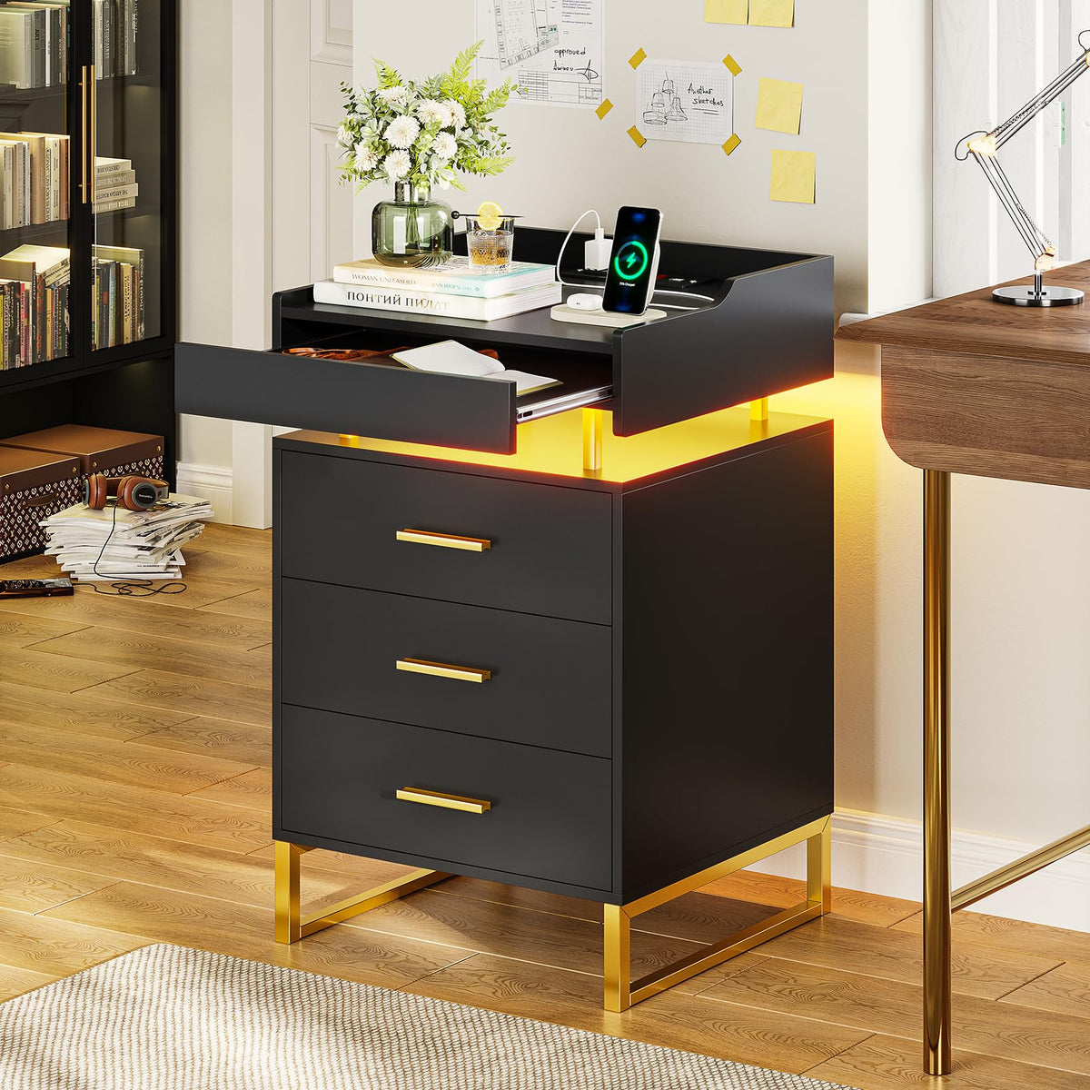 Black and Gold LED Nightstand with Charging Station B597056